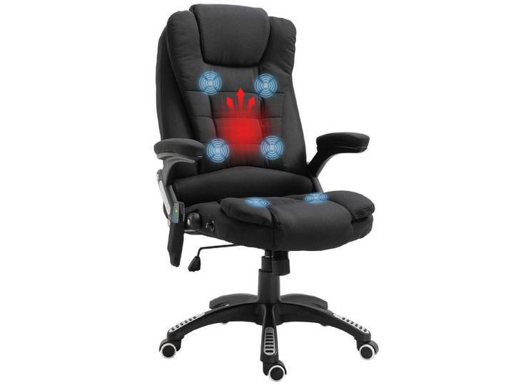 Drehstuhl Massage Heiz Liege Wippfunktion Seitentasche Leinenoptik Schwarz 360° drehbar, 74x116x67 cm, Büromöbel, Bürostühle, Drehstühle