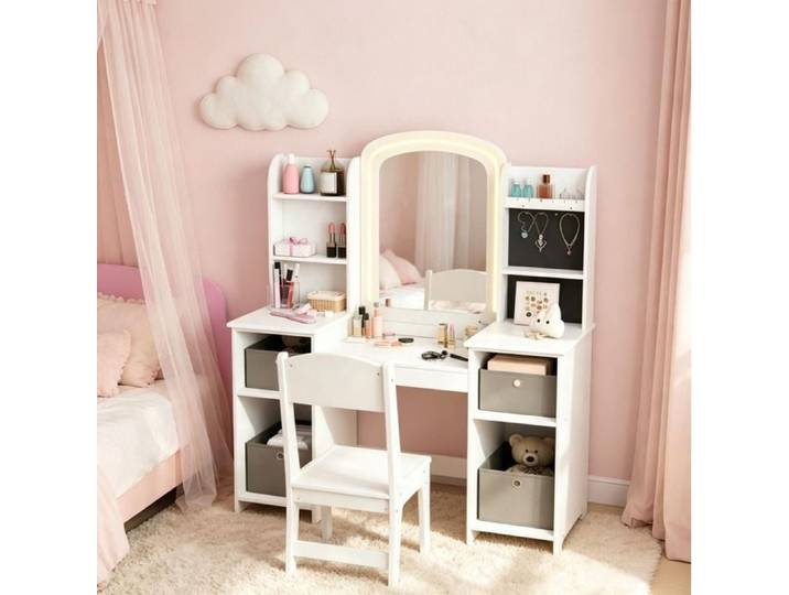 WUVRIE Coiffeuse enfant blanche en MDF avec miroir LED chaise et rangements 104 x 40 x 112 cm