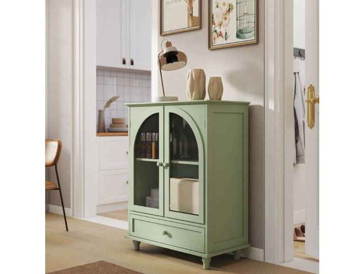 HOMVRA Buffet haut vert menthe 2 portes vitrées arquées 1 tiroir et étagère réglable
