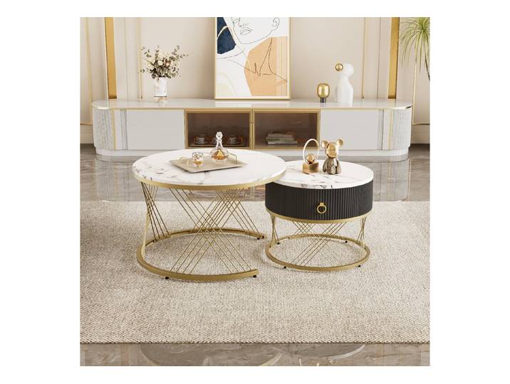REDOM Couchtisch Modulares Couchtisch-Set, 2-teilig (2 in 1 Runder Couchtisch aus MDF, 2-St., praktische Schubladen), Marmoroptik mit Goldakzenten