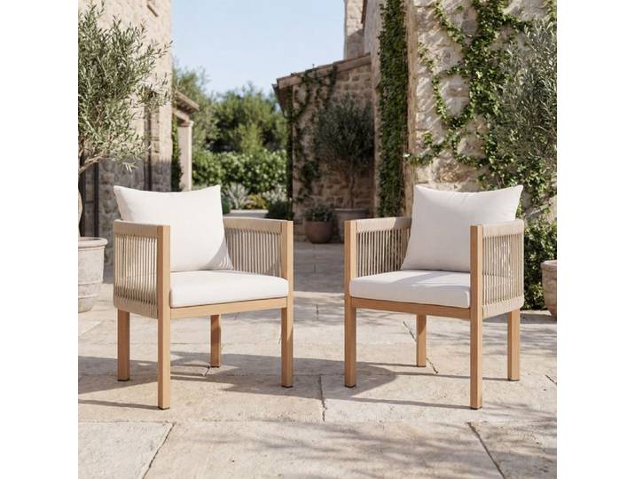 Ya-Home Lot de 2 Chaise de Jardin Exterieur avec Dossier en Corde Tressée Fauteuil Cadre Métal pour Terrasse Cour Balcon Beige