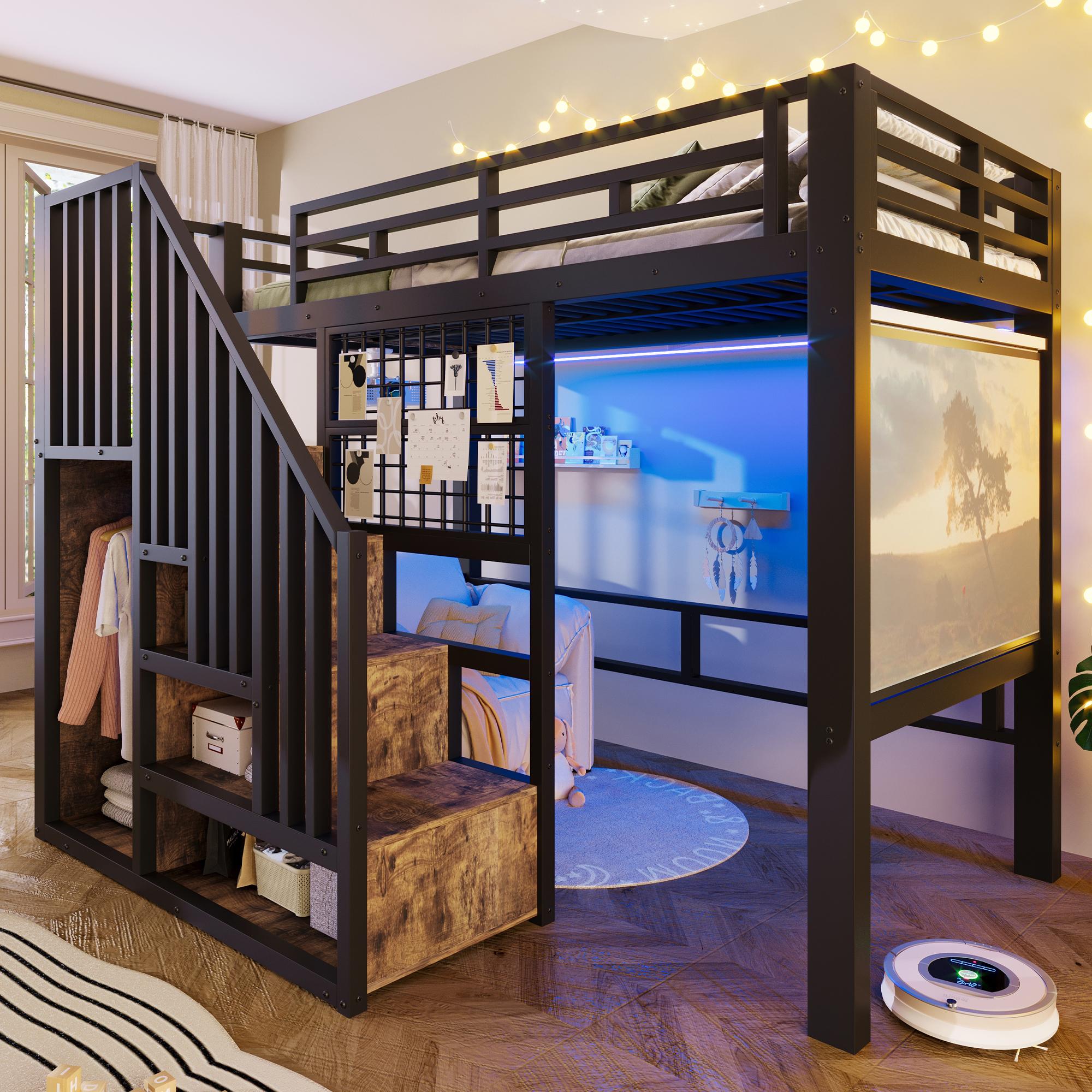 Hochbett 90x200 cm mit Stauraumtreppe, Seitengitter, Aufhängestange und mehrfarbigem LED-Licht, Metall und MDF, Schwarz