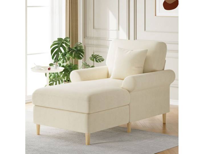 WUVRIE Fauteuil relax 1 place en velours beige 133 x 87 x 90 cm avec coussin et fonction allongée