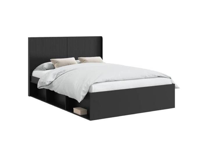 PUGYNBK Bettgestell mit Stauraum und Kopfteil, Schwarz Robustes Holz, atmungsaktive Lamellen, Seitenfächer, minimalistisches Design, einfache Reinigung