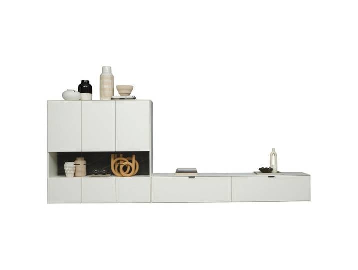 Dieter Knoll Wohnwand, Weiß, Glas, Keramik, 4 Fächer, 348.8x136.3x37.1 cm, Beimöbel erhältlich, umfangreiches Zubehör hängend, Beleuchtung, Wohnzimmer, Wohnwände, Anbauwände