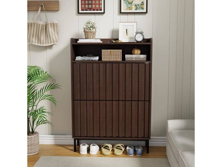 GOOBUY Armoire à Chaussures Meuble à Chaussures Inclinable 3 Compartiments Étagères Réglable 80 x 24 x 117cm Marron