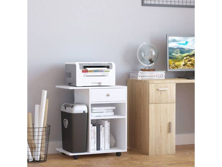 Meuble pour imprimante en bois blanc avec 4 roulettes étagère réglable et plateau pour CPU