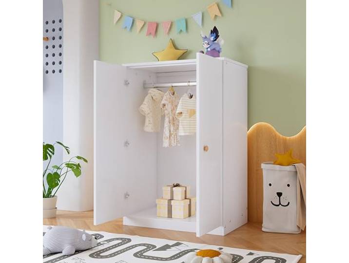 roomfitters Kleiner Kleiderschrank mit Stange, 2-türiger Kleiderschrank für Schlafzimmer und Wohnzimmer, Kinderkleiderschrank aus MDF, Weiß