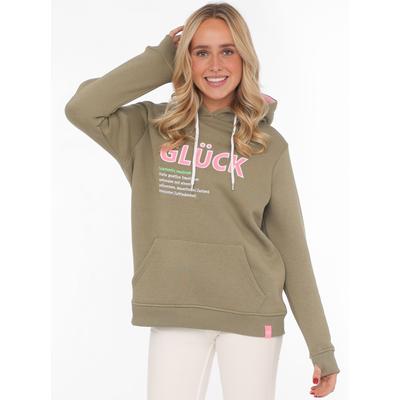 Hoodie ZWILLINGSHERZ "Glück", Damen, Gr. SM (S/M), grün (khaki), Sweatware, Obermaterial: 50% Baumwolle, 50% Polyester, bequem hüftbedeckend, V-Ausschnitt, angesetztes Bündchen, Sweatshirts Hoodie, mit Schriftzug Glück und Kängurutaschen