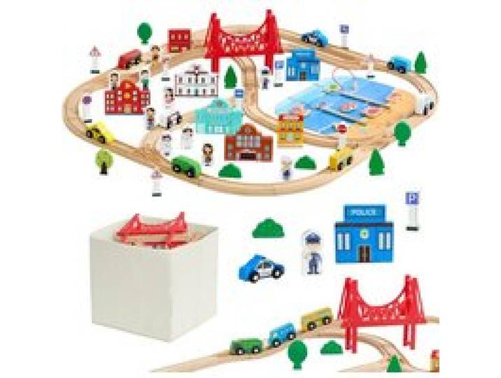 VEVOR Circuit de Train Bois Enfants 3-8 Ans Ensemble Rails de Train en Bois 113 PCS Jouet pour Noël Anniversaire Petits Garçons Filles, Compatible avec Grandes Marques, avec Boîte de Rangement, Ville