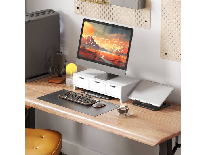 HOMCOM Support Écran Bureau 3 Tiroirs 51x24x13cm Blanc