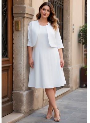 Plus Size Women's Plus Size Elbow Sleeve Fit-and-Flare Dress with Bolero Jacket - 2-Piece Suit by Roaman's in White (Size 36 W)