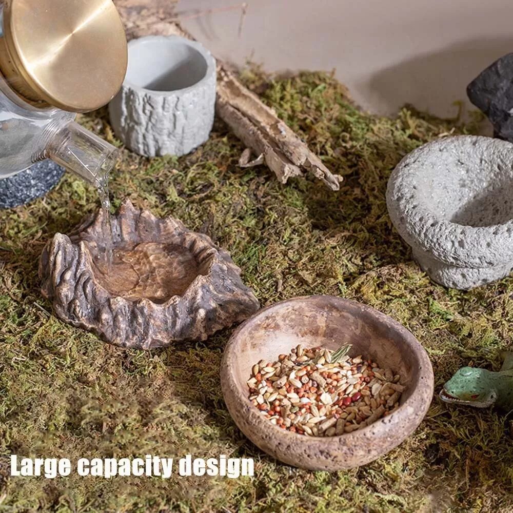 INF Kriechtier Futternapf und Wassernapf - Baumstumpf Design für Reptilien Terrarien Grau