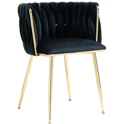 MODFU Esszimmerstuhl 74x56x50 cm Samt Schwarz mit goldfarbenen Metallbeinen, gepolsterter Rückenlehne im Webdesign, vielseitig und pflegeleicht