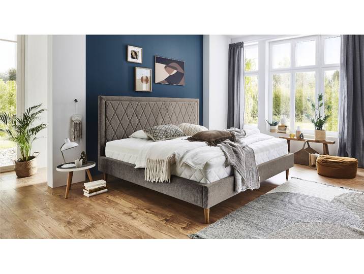 Polsterbett Paulin , braun (hellbraun), B:191cm H:123cm L:212cm, Bettgestell und seitliche Einfassung der Matratzen: Strukturstoff, 100% Polyester, ATLANTIC HOME COLLECTION, Betten, Polsterbett, mit gestepptem Kopfteil