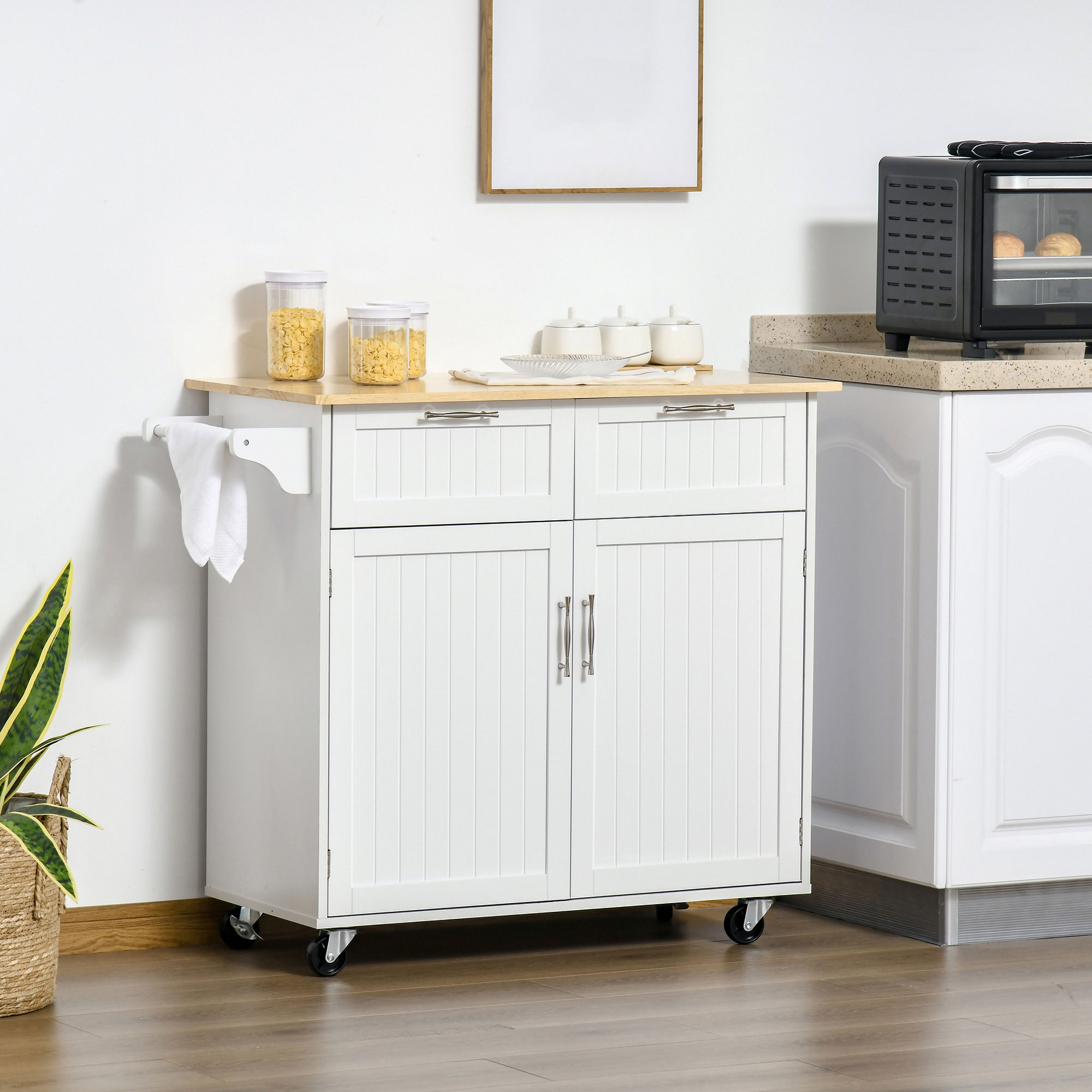 Homcom Carrello da Cucina Multiuso in Legno con 2 Cassetti, Armadietto e 4 Ruote, 104x46x91cm, Bianco Aosom