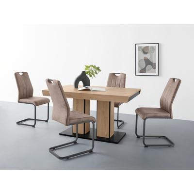 Essgruppe HELA "Tisch ausziehbar 140 -220 cm", braun (braun, grau, grau), Microfaser Polyester, Synchron-Auszug, Holzwerkstoff, Metall, Polyester, Sitzmöbel-Sets, Essgruppe, Belastbarkeit 140 KG, bequem gepolstert mit Griff