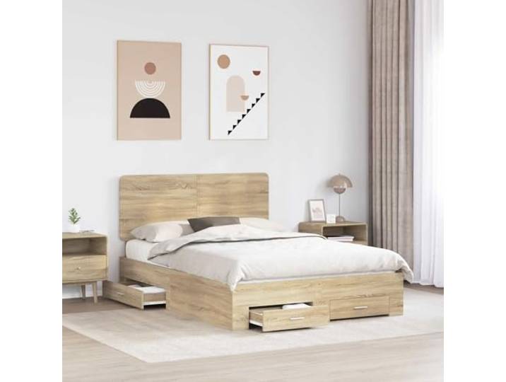 KTHLBRH Bettgestell mit Kopfteil Eiche Sonoma 150 x 200 cm Technisches Holz, integrierte Schubladen, einfache Montage, für Kingsize-Matratze