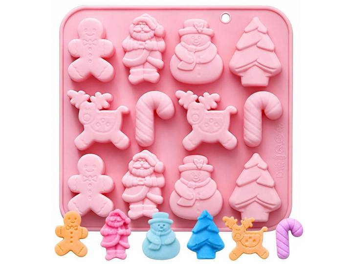 Silikonform Weihnachten 12 Mulden Lebkuchenmann Schneemann Elch, Rosa, Kunststoff, Backen & Backzubehör, Backformen, Backformen-Sets