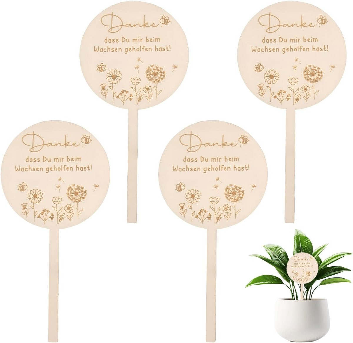 4 stuks Houten Bloemprikkers Bedankt dat je me liet groeien Afscheidscadeau