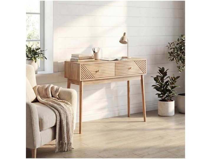 WOVREO Table console 100 x 35 x 80 cm style mid-century moderne avec 2 tiroirs MDF coloris chêne