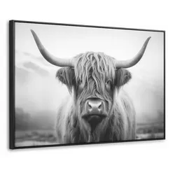 LEINWAND Bilder mit Rahmen - Schottischer Highlander - Nebel - Schwarz - Weiß - 120x80