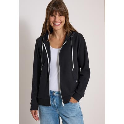 Cardigan CECIL, Damen, Gr. L (42), schwarz, Web, 58% Polyester, 39% Baumwolle, 3% Elasthan, unifarben, normal normal, ohne Ausschnitt, Bündchen, Strickjacken, mit Kapuze mit Tunnelzugband