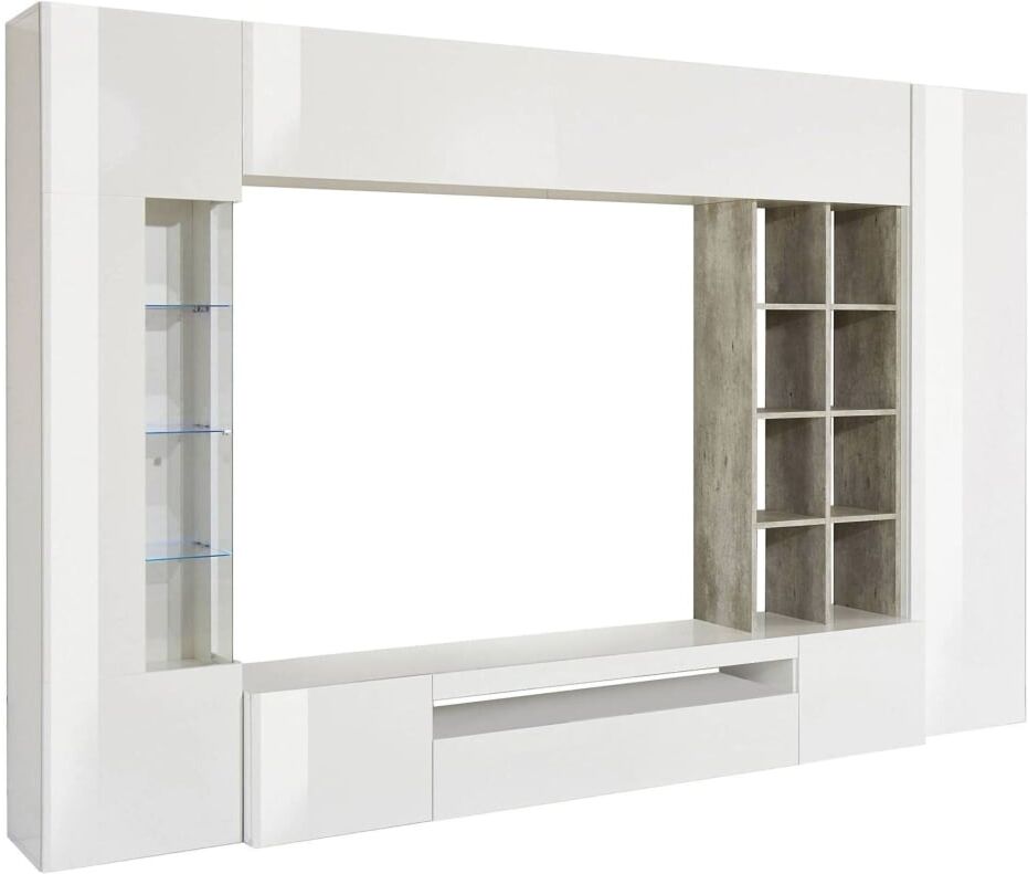 Dmora Meuble mural effet bois blanc brillant, ciment 290x40h192 cm Blanc 290x192x40cm