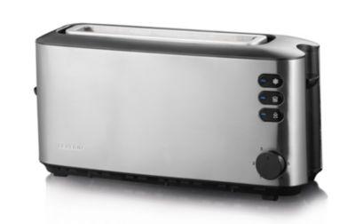 SEVERIN Langschlitz-Toaster AT 2515, 1.000 W, Brotscheibenzentrierung, Brötchen‑Röstaufsatz, Auftauen/Aufwärmen, Krümelschublade, B 380 x H 184 x T 125 mm, Silber