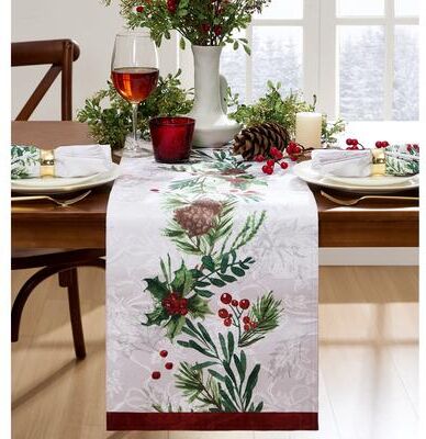 Threadmade "Holly Berry Flourish Holiday Fabric Table Runner - 14""x70"""