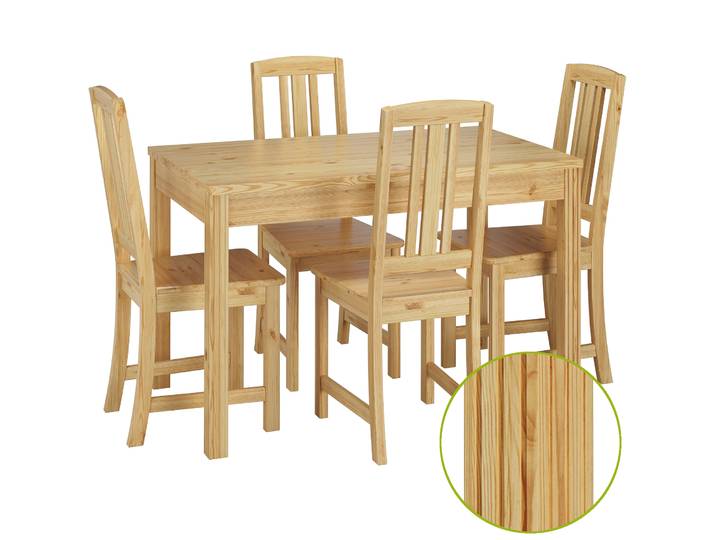 Stilvolle Essgruppe mit Tisch und 4 Stühlen in Kiefer Massivholz Natur