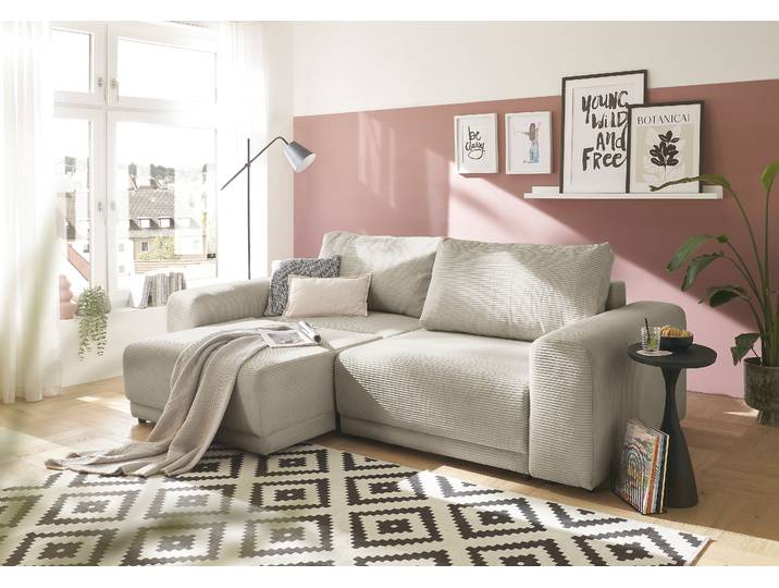 Schlafsofa GOODPRODUCT PHEELIX Cord, mit 3 Funktionen , beige (hellbeige), B:252cm H:94cm T:118cm, Sofas, Schlafsofa, Elemente einzeln oder gleichzeitig ausziehbar, bequemer Sitzkomfort