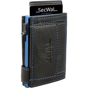 SecWal Kreditkartenetui Echt Leder blau/schwarz, für 10 Karten, Münzfach mit Druckknopf & Geldscheinfach, RFID Schutz