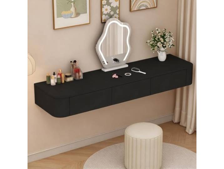 PGZMDTWI Schwebender Schminktisch, Wandtisch, Steintisch Minimalistisches Schwebendes Design mit Schubladen, Einfacher Aufbau für Zuhause, Büro(Black,140 cm55.12 in)