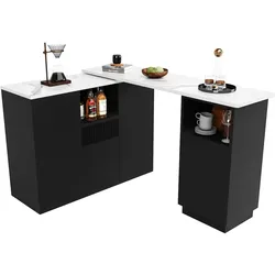 MODFU Bartisch Schwarz 210x30x101 cm 360 Grad drehbar mit Marmoroptik Arbeitsplatte, L Form oder linear, Stauraum offen und mit Türen, MDF