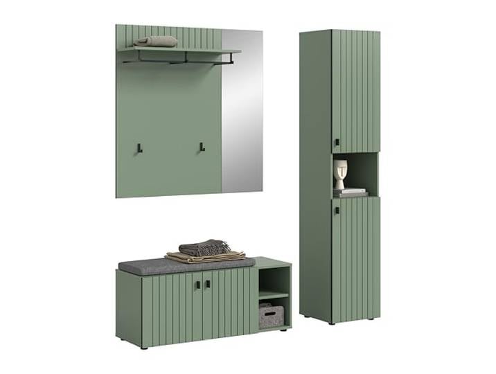 xonox.home – 3-TLG. Garderobenkombination Station 161x192x37 cm in Smoke Green – Komplettes Set mit Sitzbank inkl. Kissen, Paneel & Schrank – Ordnung für den Flur