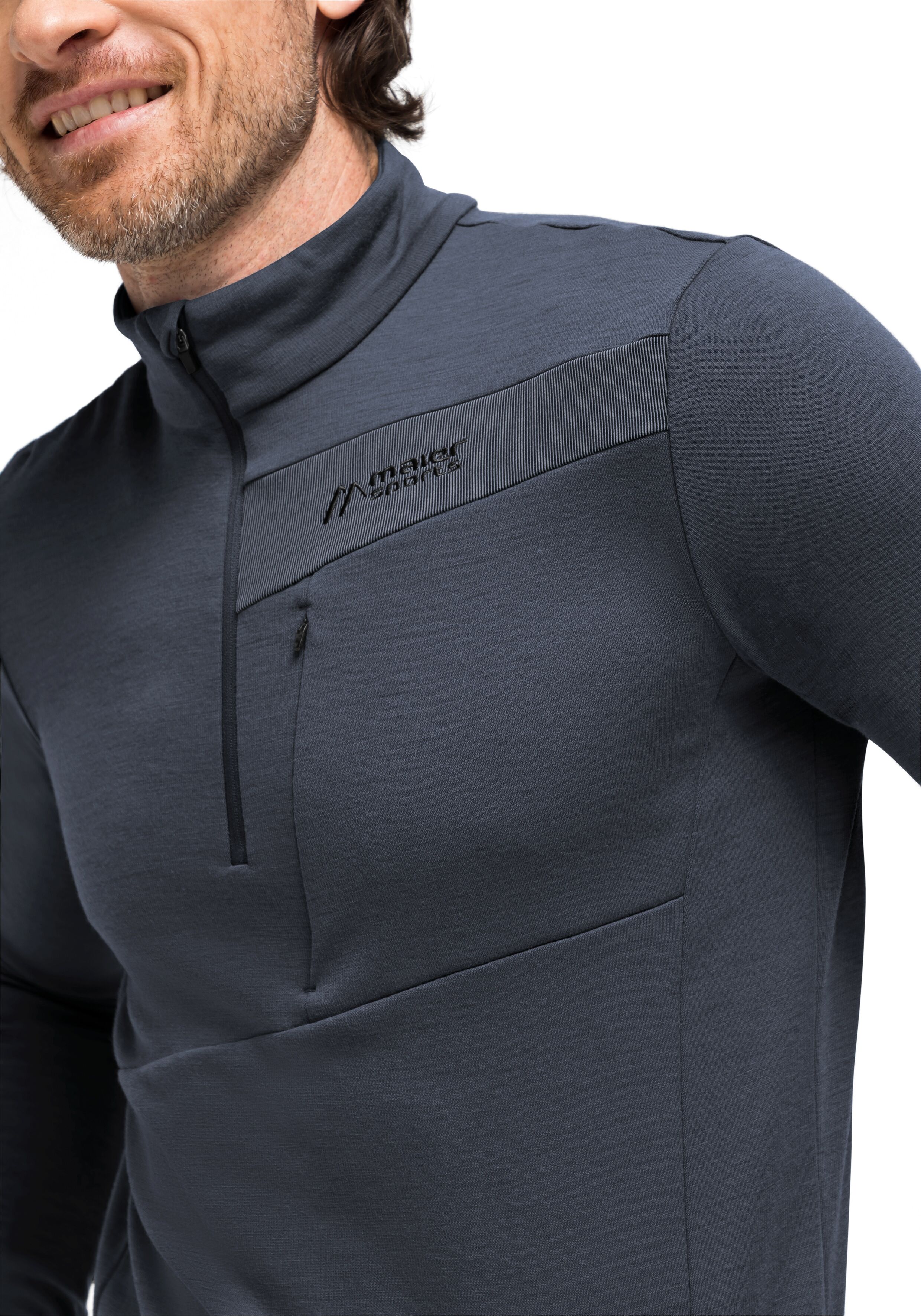 Funktionsshirt MAIER SPORTS "Skutvik HZ M", Herren, Gr. 56, blau (graublau), 40% Wolle, 35% Polyamid, 25% Polypropylen, hoch geschlossener Ausschnitt, Shirts Funktionsshirt, funktionaler Midlayer für Herren, hohe Atmungsaktivität graublau 56