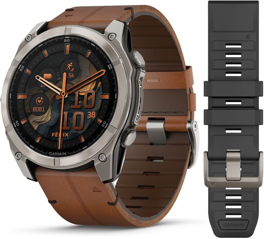 Garmin Fenix 8, 51mm Amoled Sapphire, hiilenharmaa titaani ja ruskea