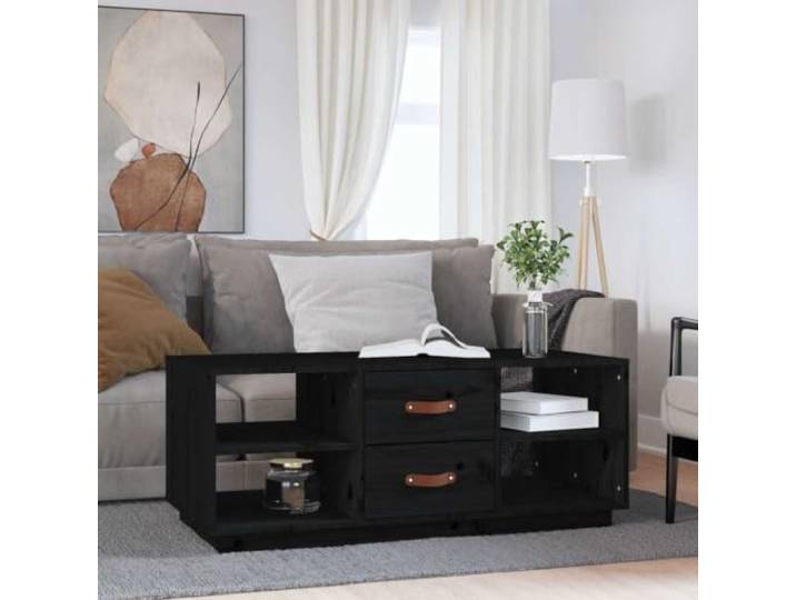 HEFZGDB Massivholz Couchtisch Kiefer Schwarz 100x50x41 cm mit Schubladen und Ablagen für Stauraum, Beistelltisch oder Wohnzimmertisch aus rustikalem Kiefernholz