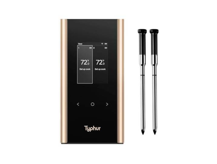 Typhur Sync Gold Fleischthermometer Kabellos mit 2 Schlanke Sonden, KI APP Smart Grillthermometer kabellos mit 6 Sensoren, 10x Stärkeres Signal, ±0,3°C Genauigkeit, Aluminium Basis, IPX8 Wasserdicht
