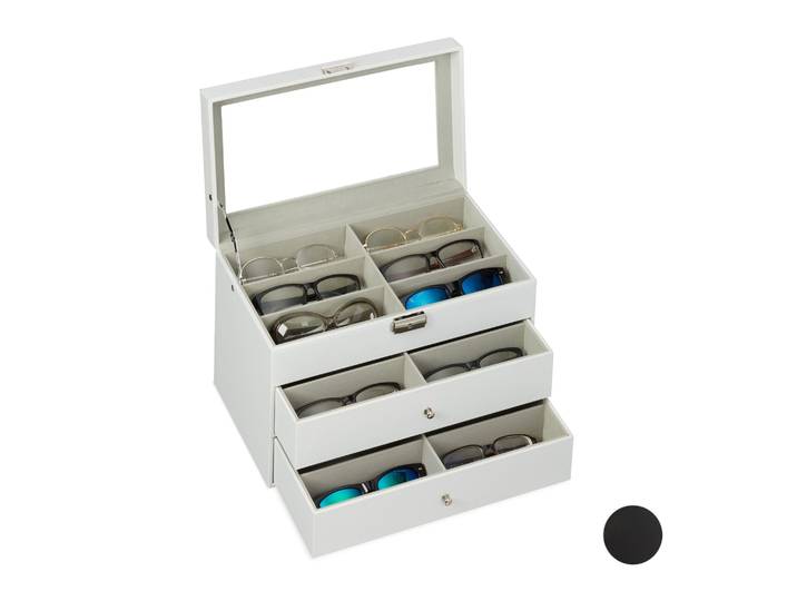 Brillenbox für 18 Brillen Weiss-Transparent-Grau