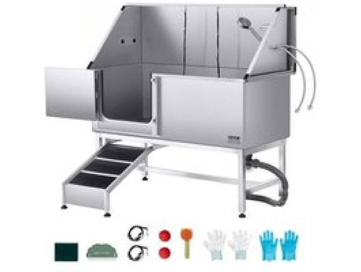 VEVOR Baignoire de Chien Acier Inoxydable, Baignoire de Toilettage pour Animaux de Compagnie 150 cm Station de Lavage Chat, avec Rampe, Panneau Filtre à Eau, Robinet, Pommeau de Douche, Porte Gauche