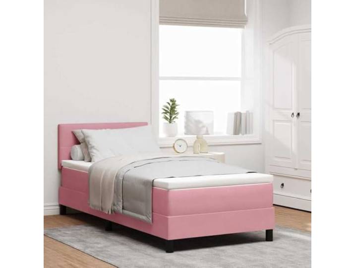 Boxspringbett mit Kopfteil rosa 90 x 200 cm aus Samt Weiches Samt, technisches Holz, Kopfteil aus Kunstleder und Kiefernholz, feste Latten, verstellbares Kopfteil