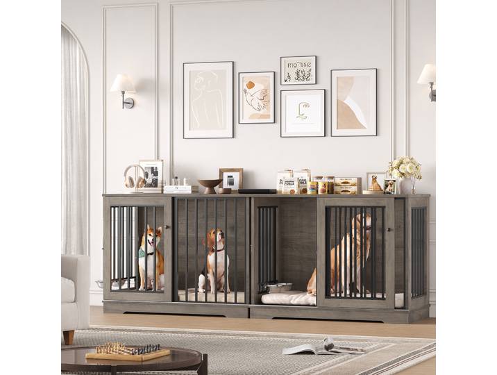 Getone Cage Chien XXL,Cage pour Chien 120 cm Porte avec Porte Coulissante 2 Plateaus Amovibles, Cages Interieur Chien de Grand Taille Meuble Buffet,Cages Chiens Interieur120x60x87cm Blanc/Rétro