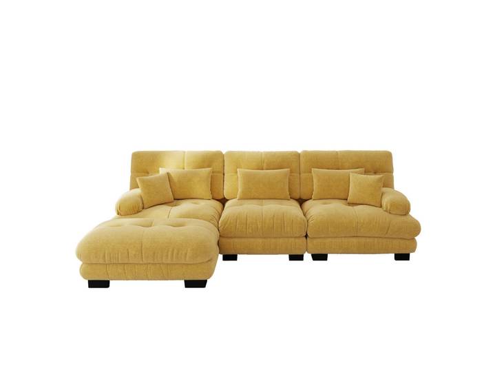 Flora Grace Ecksofa in Gelb aus Chenille mit Ottomane, tiefer Sitzkomfort, 313x145 cm, Wohnzimmer, Sofas & Couches, Wohnlandschaften, Ecksofas