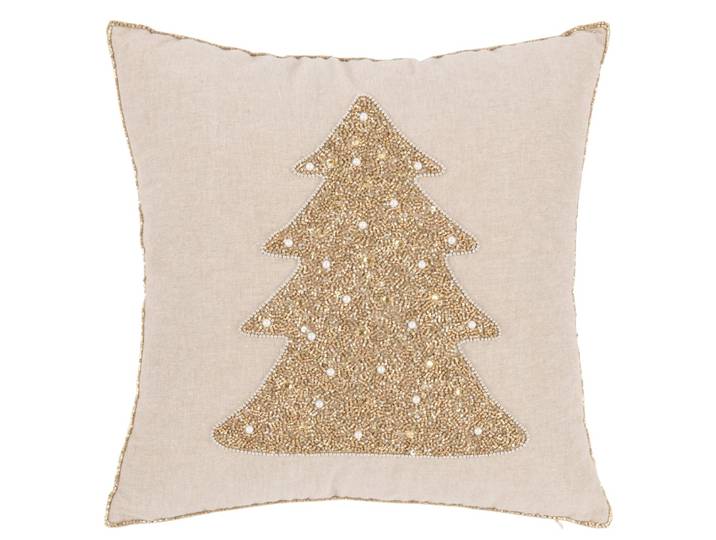 Kissenbezug aus Baumwolle mit Tannenbaum aus Perlenstickerei, gold, 40x40cm