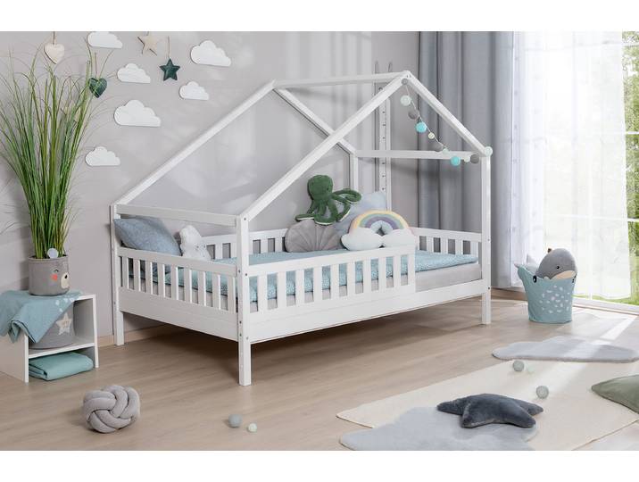 Lit maison massif Lou - complet 120 x 200cm Blanc/Epicéa blanc