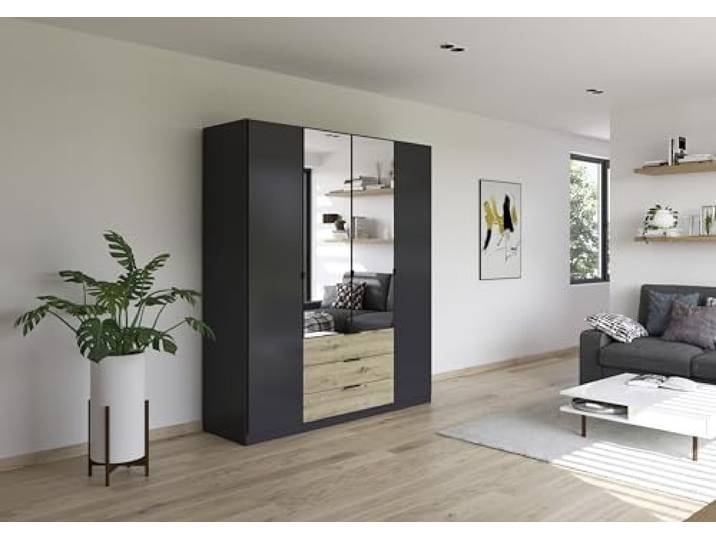 möbelando Drehtürenschrank >Davoa< in grau metallic/Eiche Artisan/Spiegel - B/H/T: 181/210/54 cm