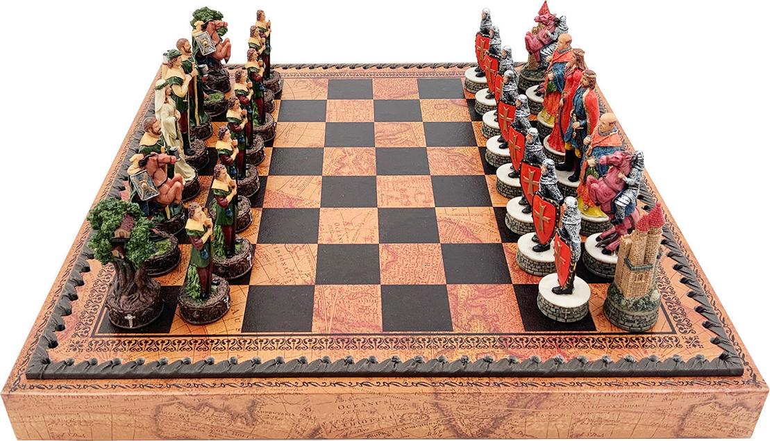 Italienische Schachfiguren Robin Hood aus Resin + Kunstleder-Spielbrett mit Weltkarte 35 cm