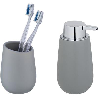 Badaccessoire-Set WENKO "Badi", grau, matt, Keramik, Badaccessoires-Sets, Seifenspender und Zahnputzbecher aus hochwertiger Keramik